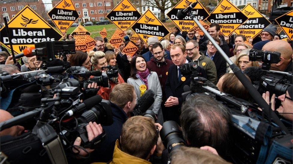 Sarah Olney, Tim Farron and Lib Dem supporters