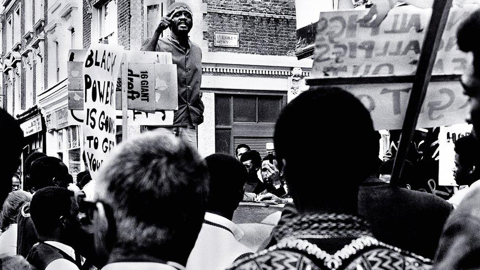 Civil rights activist Darcus Howe at a Black Power protest in London