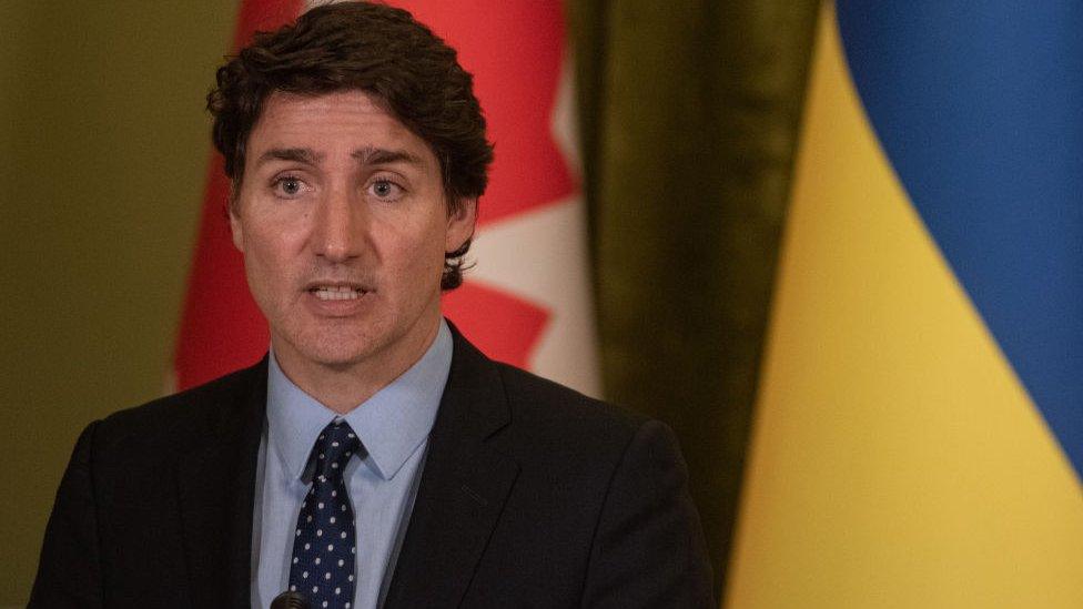 The prime minister of Canada Justin Trudeau speaks during a joint press conference with Ukrainian president Volodymyr Zelensky