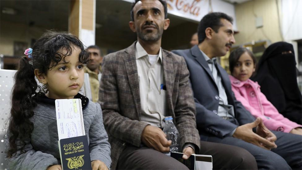 People wait to board a UN medical air bridge flight from Sanaa International Airport in Yemen (3 February 2020)