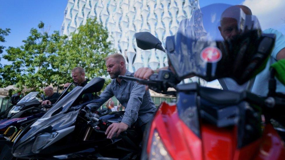 Bikers outside the US Embassy in London, as they take part in a Harry Dunn memorial ride