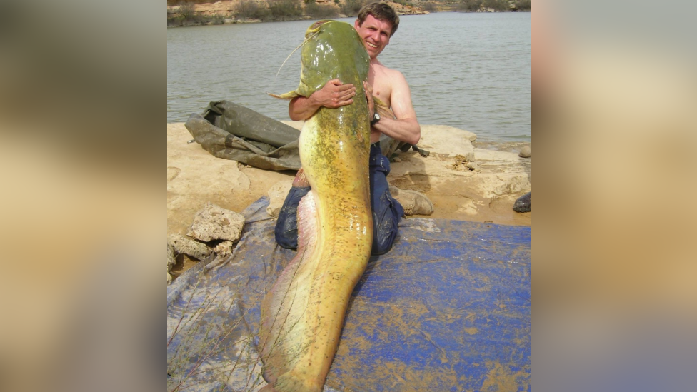 Simon Bartlam, kneeling topless on the side of water, holding a huge green fish which he has caught.