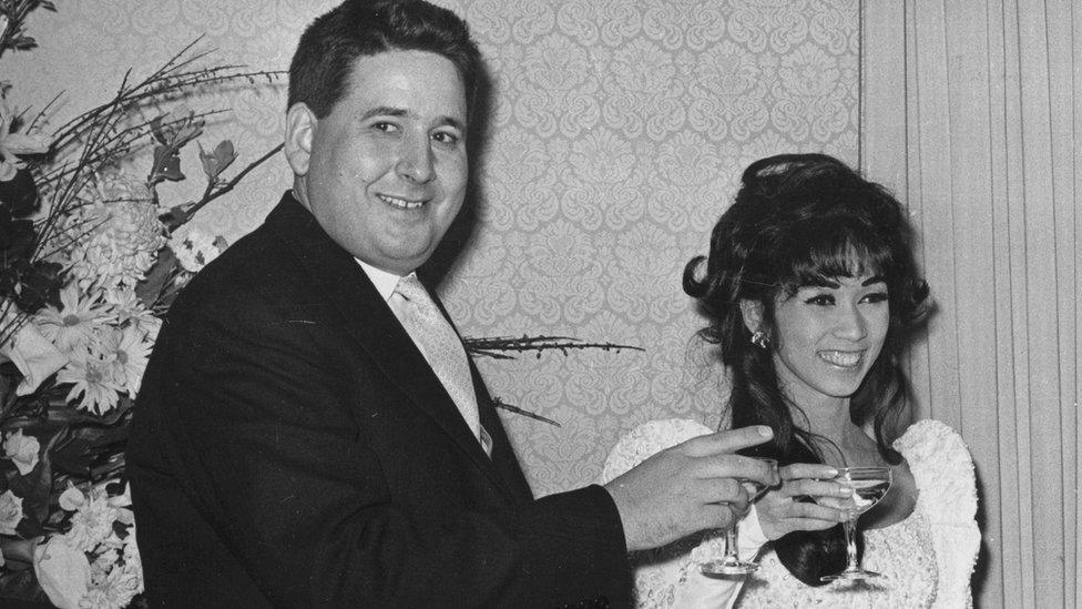 Lord Antony Moynihan and Philippine dancer Luz de la Rossa Fernandez celebrating their wedding at the reception at the House of Lords, 1st May 1968.