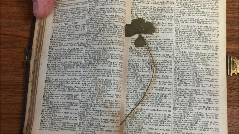 Bible and four leaf clover