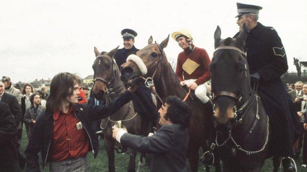 Red Rum, ridden by Brian Fletcher, in the winners paddock after winning the 1973 Grand National at Aintree