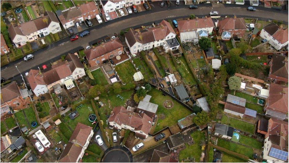 Aerial photo showing gardens and homes in the Knowle West area of Bristol