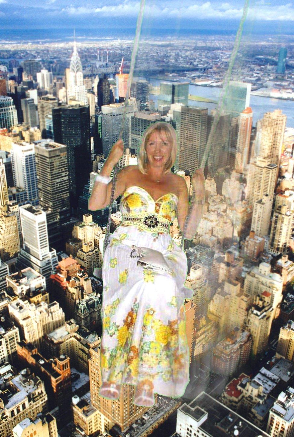 A woman on a swing has been edited into a photo of New York city from above.