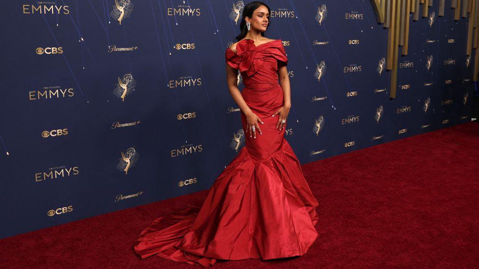 Australian actress Shabana Azeez arrives for the 77th Primetime Emmy Awards at the Peacock Theatre at LA Live in Los Angeles on September 14, 2025