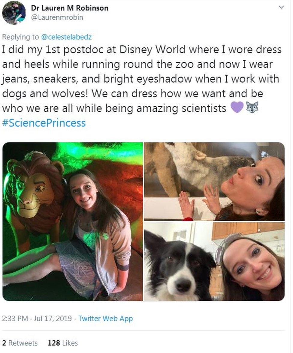 Tweet with three pictures of Dr Lauren Robinson - one with a her and Disney's Simba from The Lion King, one with a dog and one with a wolf. The tweet states: I did my 1st postdoc at Disney World where I wore dress and heels while running round the zoo and now I wear jeans, sneakers, and bright eyeshadow when I work with dogs and wolves! We can dress how we want and be who we are all while being amazing scientists."