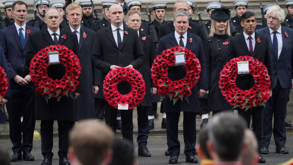 Chancellor Jeremy Hunt, Liberal Democrat leader Ed Davey, deputy prime minister Oliver Dowden, SNP Westminster leader Stephen Flynn, Defence Secretary Grant Shapps, Labour leader Sir Keir Starmer, former prime minister Liz Truss, Prime Minister Rishi Sunak, and former prime minister Boris Johnson were all present in Whitehall