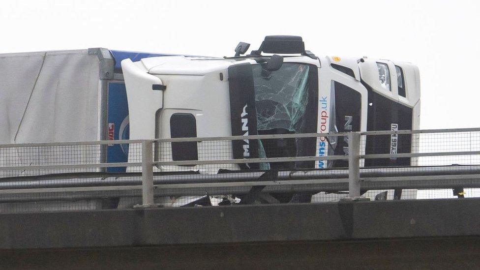 Lorry overturned on the M4 at Margam, south Wales