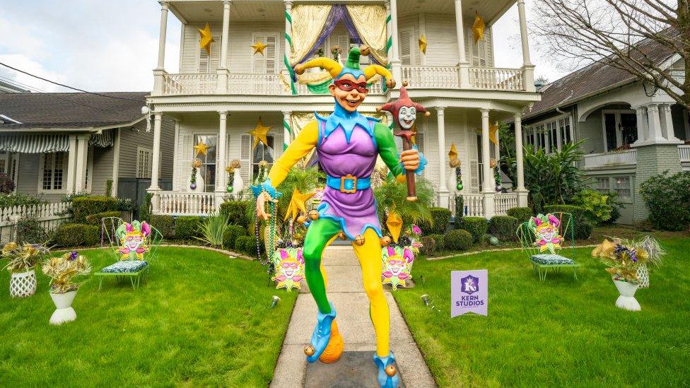 ˿ decorated with a Mardi Gras jester in New Orleans on 24 January 2021