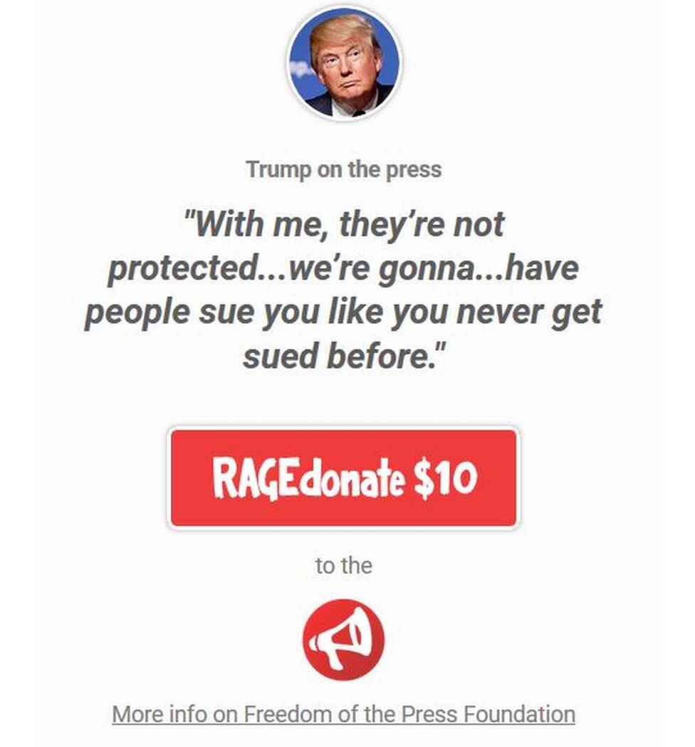 The website asks people to donate to the Press Freedom Foundation if they disagree with Trump's statement