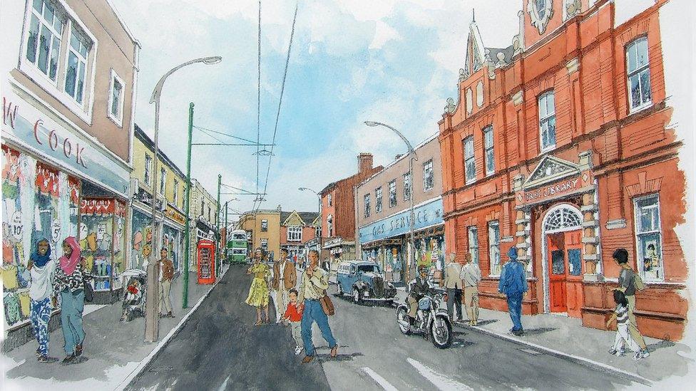 Artists' impression of the 1940s-60s town