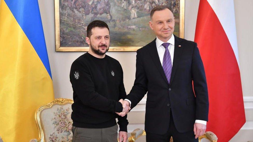 Polish President Andrzej Duda (R) and Ukrainian President Volodymyr Zelensky shake hands