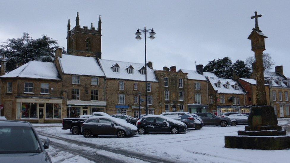 General view of Stow-on-the-Wold town centre covered in snow