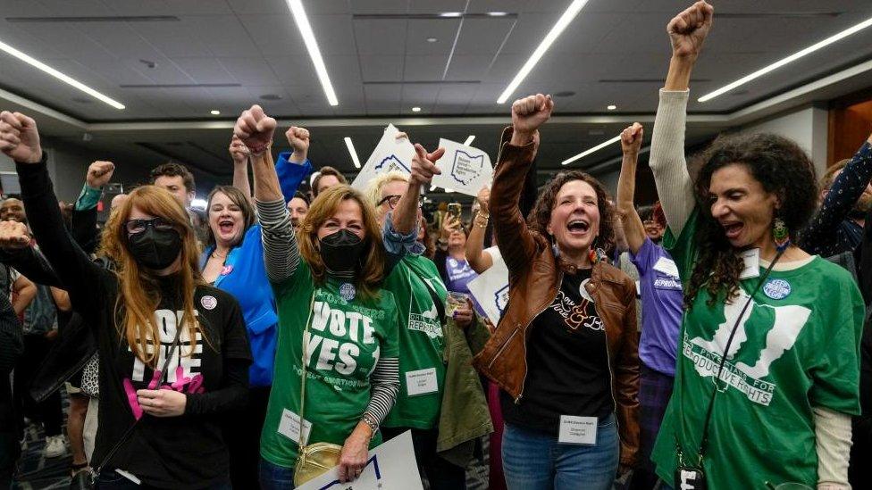 Supporters cheer following the announcement of the projected passage of Issue 1, a state constitutional right to abortion, during a gathering at the Hyatt Regency Downtown in Columbus, Ohio, U.S. November 7, 2023.