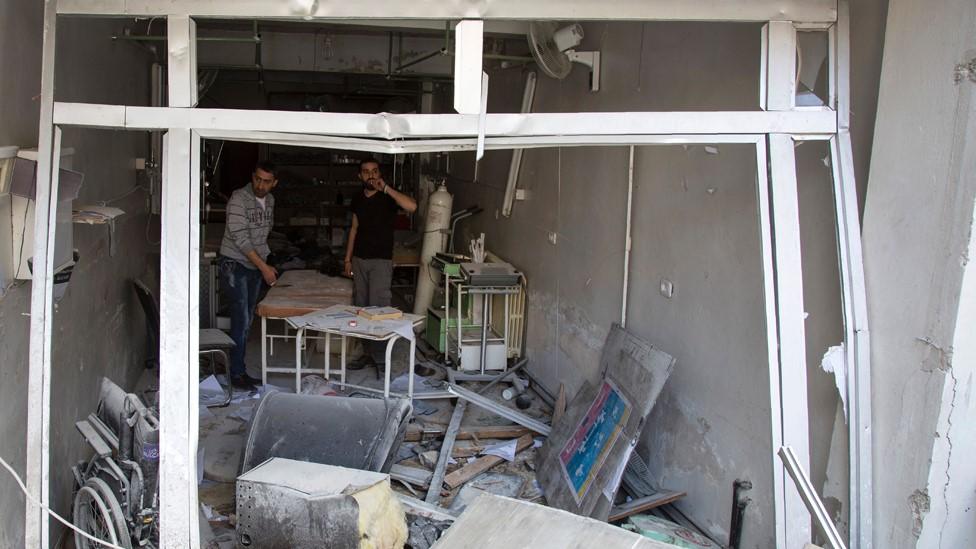 File photo from 28 April 2016 showing damaged Al-Quds hospital building following reported air strikes in rebel-held Aleppo, Syria