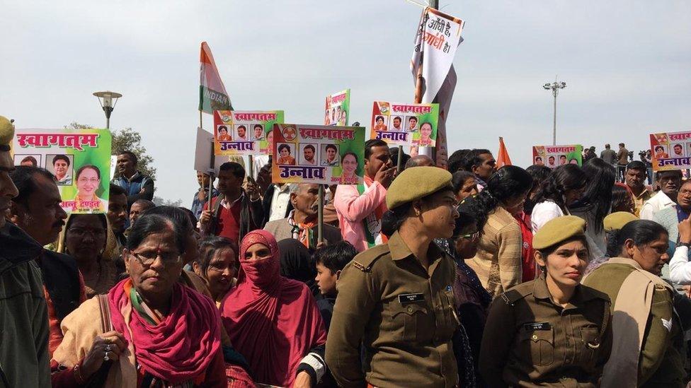 Supporters greet Priyanka Gandhi in Lucknow