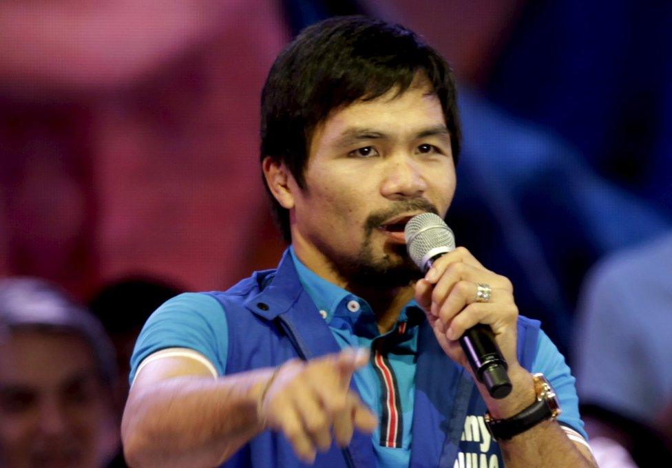 Filipino boxer Manny Pacquiao, who is running for Senator in the May 2016 vice-presidential election, speaks to supporters during the start of national elections campaigning in Mandaluyong city, Metro Manila 9 February 2016.