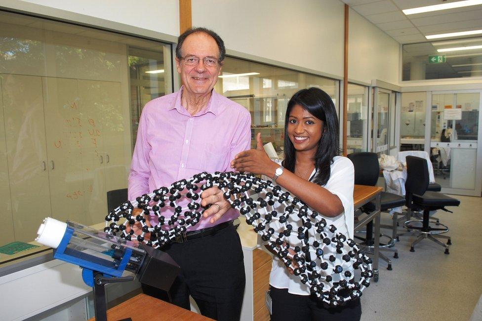 A model of a nanotube is used to demonstrate the machine's abilities