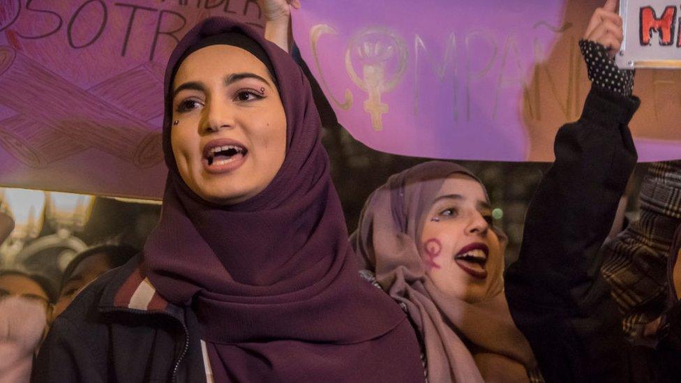 Women demonstrate on International Women's Day 2019