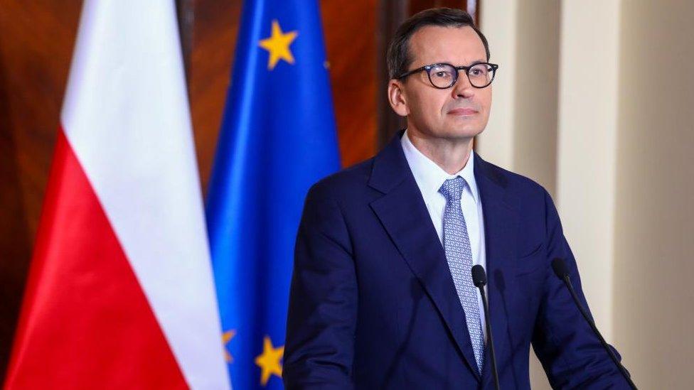 Polish Prime Minister Mateusz Morawiecki during a press conference