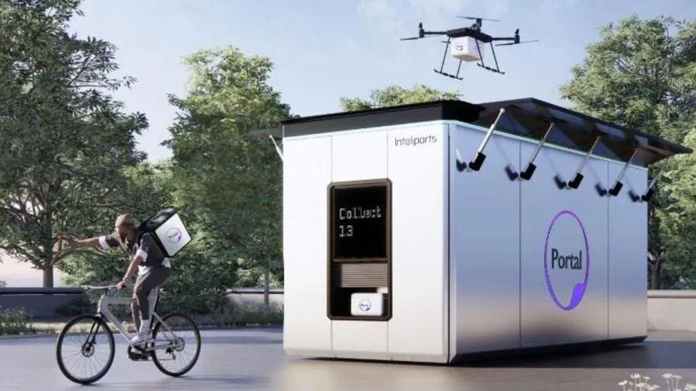 A graphic showing a drone flying into a white metal container and a person on a bicycle can be seen riding away with a box on his back