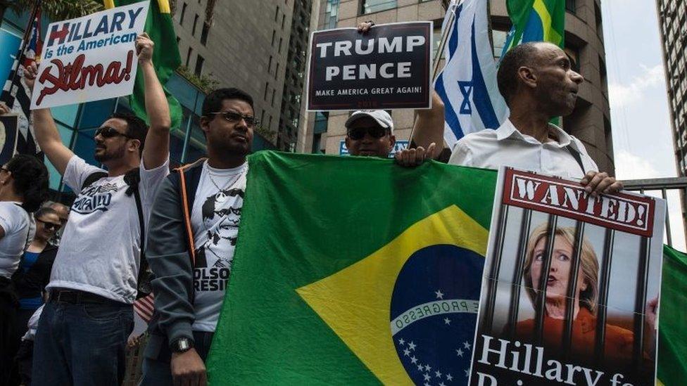 Supporters of US presidential candidate Donald Trump rally in Sao Paulo, Brazil on October 29, 2016