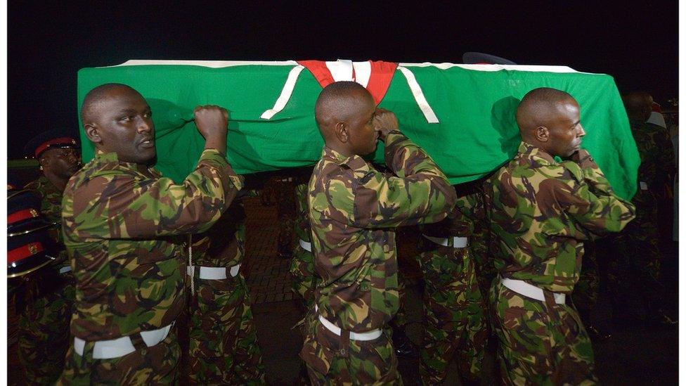 Bodies of Kenyan soldiers killed in Somalia arrive in the capital, Nairobi.