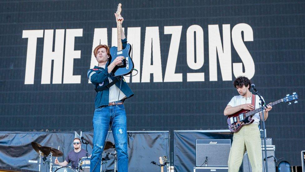 Matt Thomson and Elliot Briggs of The Amazons and Toby Patridge perform at Ippodromo SNAI La Maura during the I-Days Festival