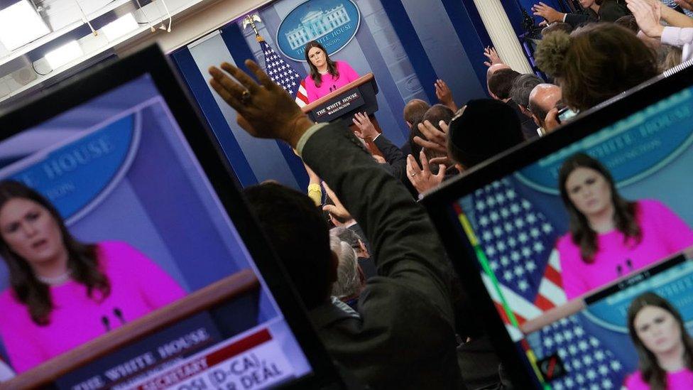 White House Press Secretary Sarah Huckabee Sanders conducts a news conference in the Brady Press Briefing Room at the White House October 10, 2017 in Washington, DC.