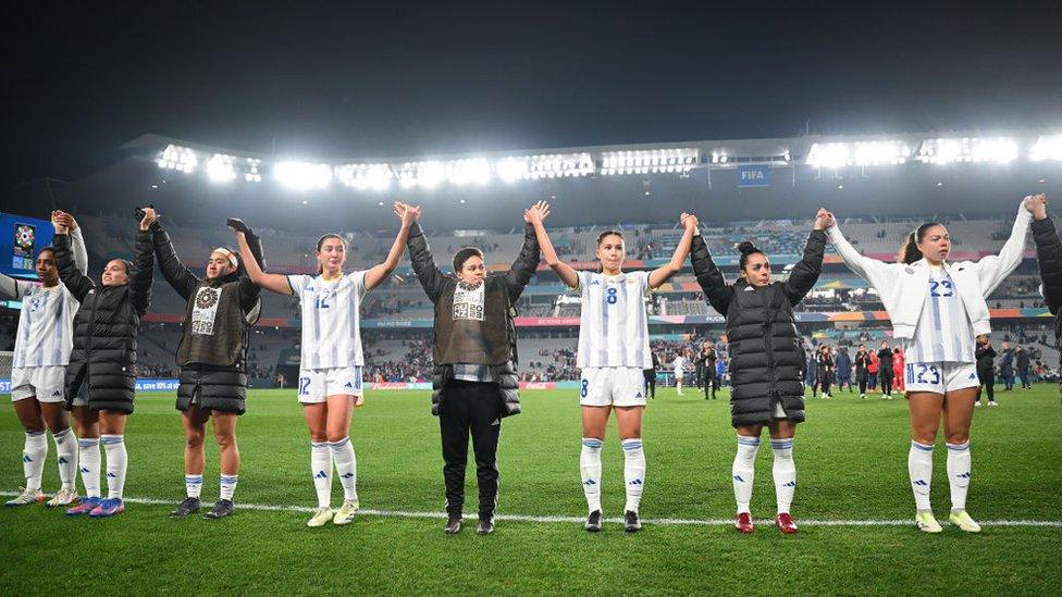 Players from the Philippines team acknowledge the crowd after losing the FIFA Women's World Cup Australia & New Zealand 2023 Group A match between Norway and Philippines at Eden Park on July 30, 2023 in Auckland