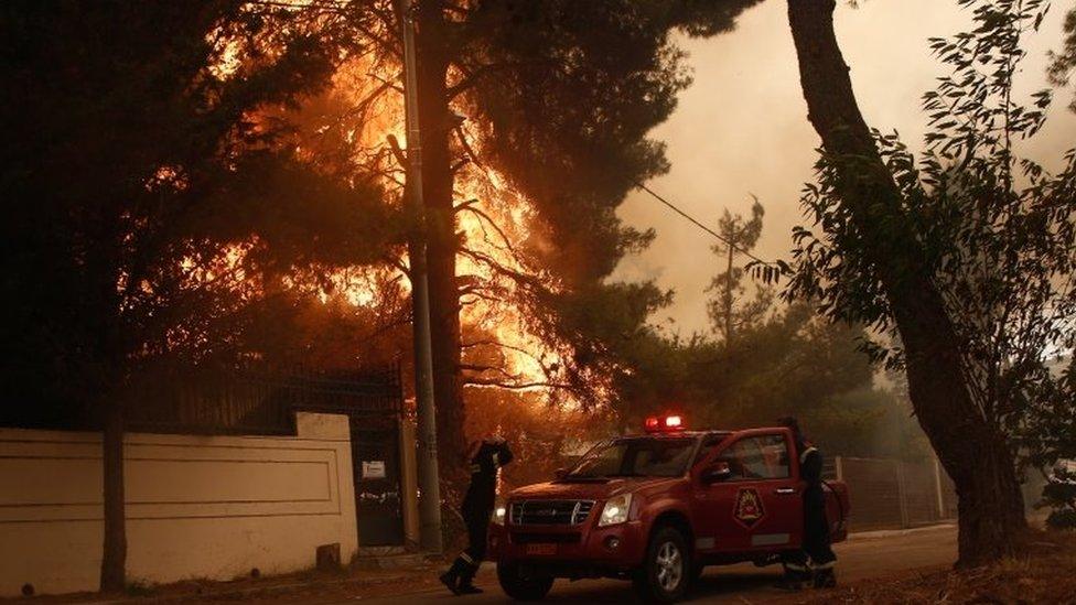 Firefighters at work to extinguish a wildfire in the area of Stamata