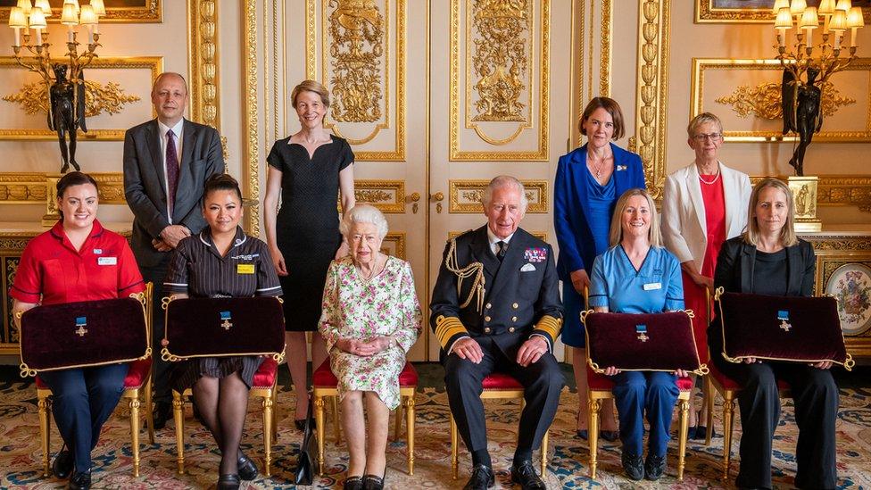 (Left to right) Sister Joanna Hogg, Royal Victoria Hospital Emergency Department, Mr Peter May, Permanent Secretary at the Department of Health, Ms May Parsons Modern Matron at University Hospital Coventry and Warwickshire, Ms Amanda Pritchard, Chief Executive NHS England, Queen Elizabeth II, the Prince of Wales, Ms Caroline Lamb, Chief Executive NHS Scotland, Ms Eleanor Grant, Palliative Car Nurse, Specialist University Hospital Wishaw, NHS Lanarkshire, Ms Judith Paget CBE, Chief Executive NHS Wales and Dr Ami Jones MBE, Intensive Care Consultant, Aneurin Bevan University Health Board, after an Audience at Windsor Castle, Berkshire.