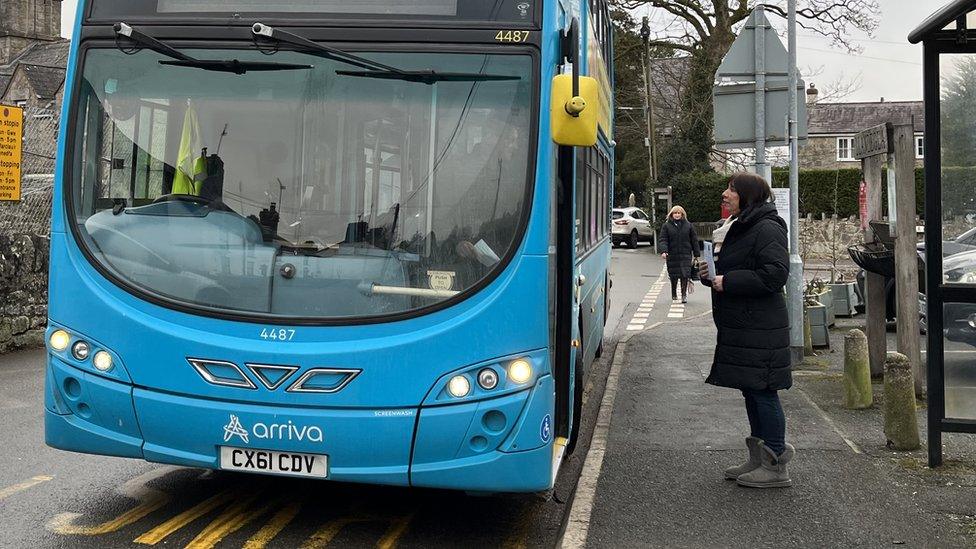 Bus stopping in Llandegla village