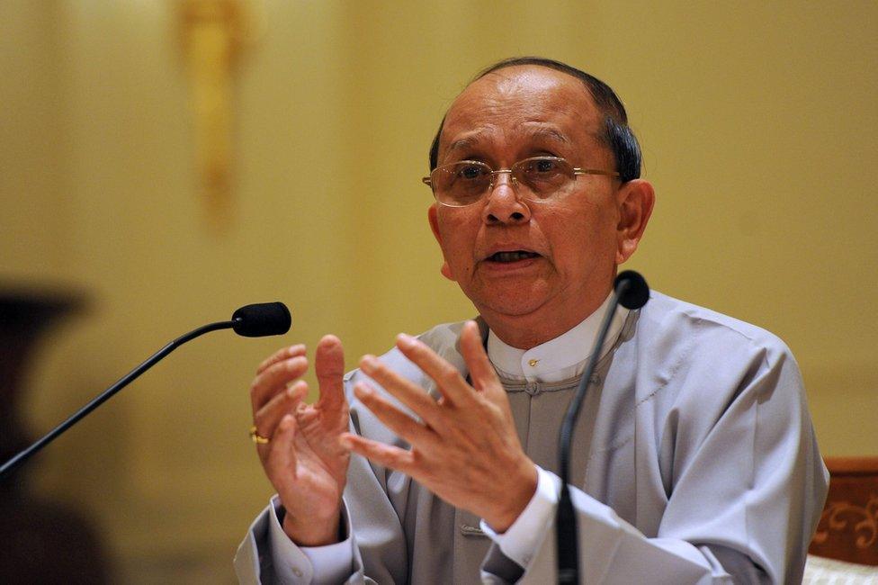 This file photo taken on 21 October 2012 shows Myanmar President Thein Sein speaking to the media during a press conference at the presidential residence in Nay Pyi Taw