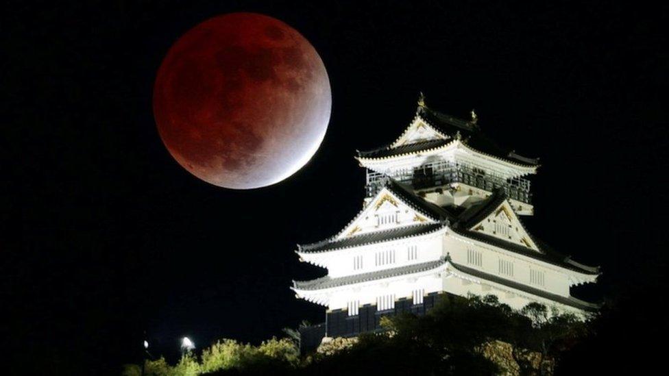 A partial lunar eclipse is observed over Gifu Castle in Gifu, central Japan