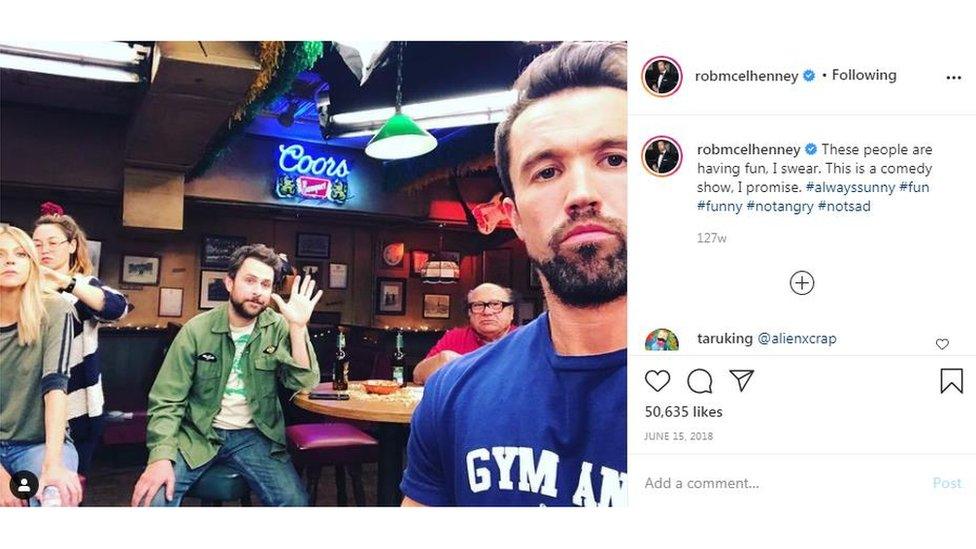 Mac, Dee, Charlie and Frank in Paddy's Pub on the set of It's Always Sunny in Philadelphia