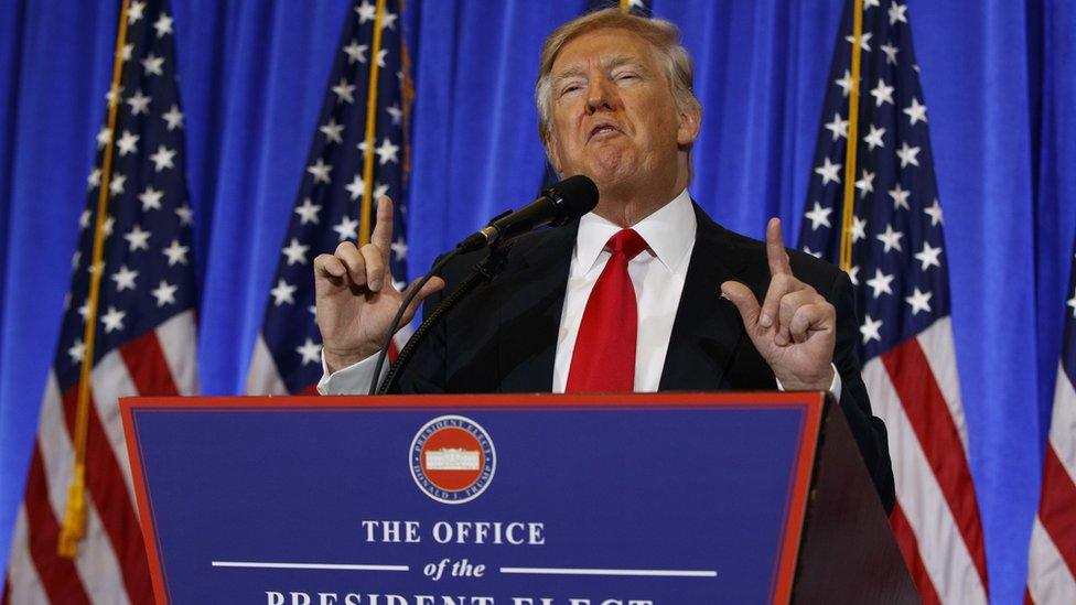 , President-elect Donald Trump speaks during a news conference in the lobby of Trump Tower in New York