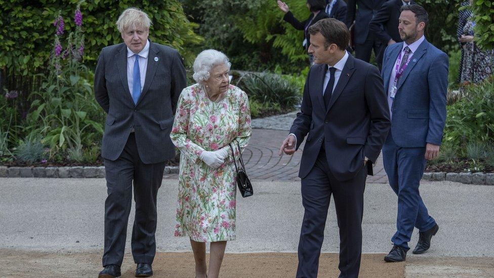 The Queen with Boris Johnson and Emmanuel Macron at the Eden Project