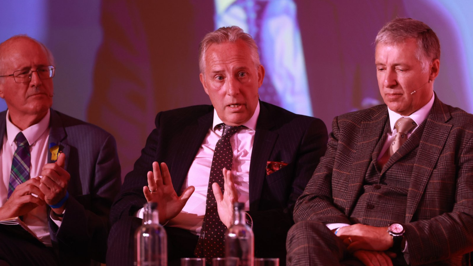 Jim Shannon MP, Ian Paisley Jnr MP and Paul Girvan MP during the DUP's annual conference at the Crowne Plaza Hotel in Belfast.