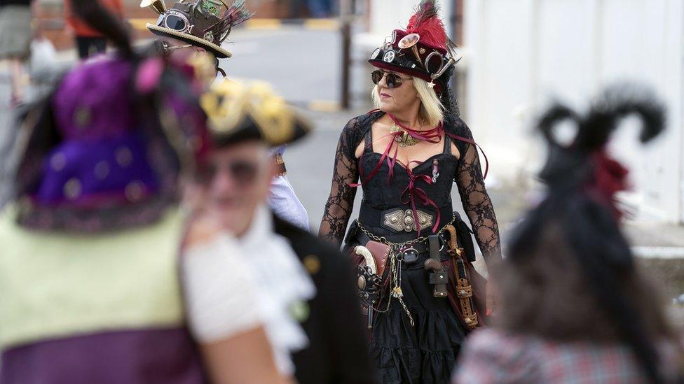 Steampunks attend the Whitby Weekend, in Whitby, Yorkshire.