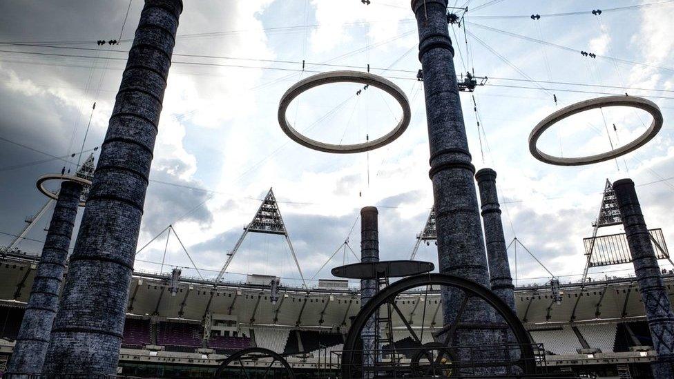 Industrial revolution props inside stadium