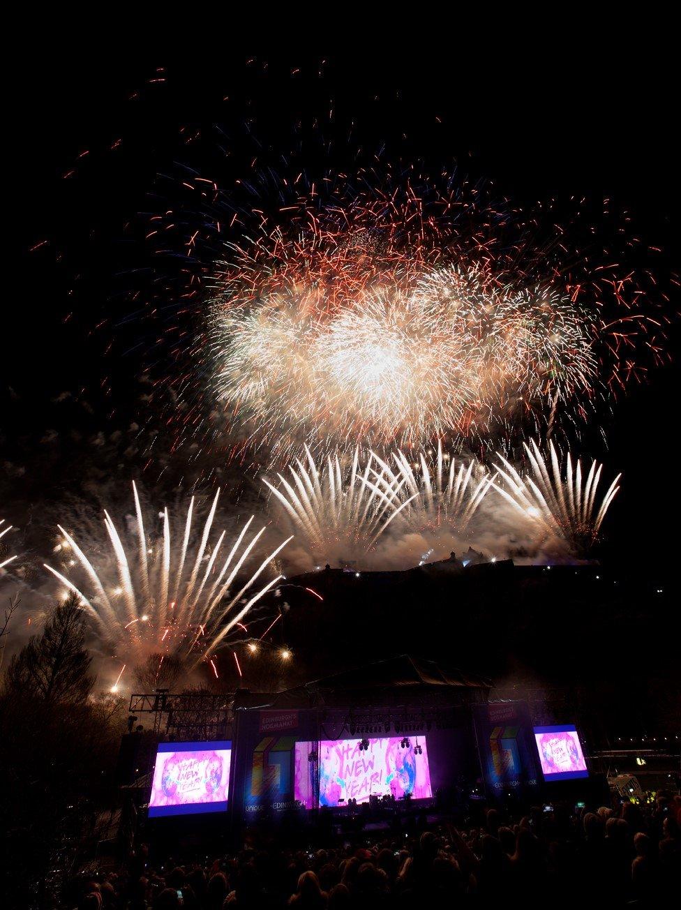 Fireworks over the stage at the Edinburgh Hogmanay festivities