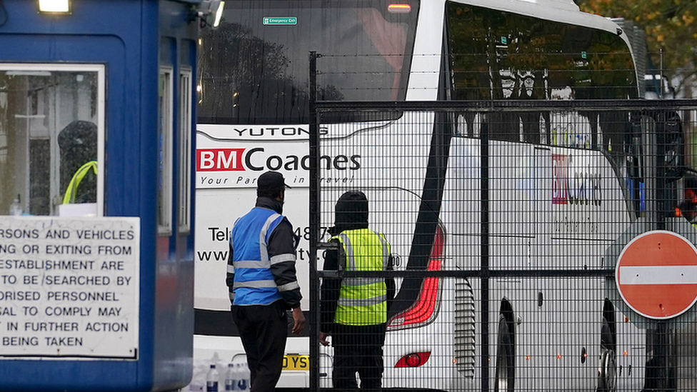 A coach arriving at the Manston processing centre in Kent this week