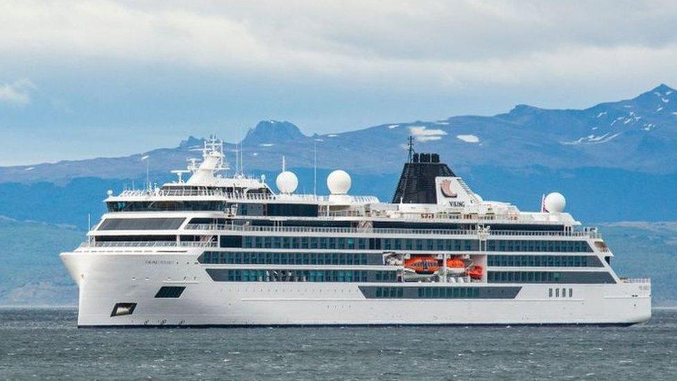 The Viking Polaris anchored in Ushuaia, southern Argentina