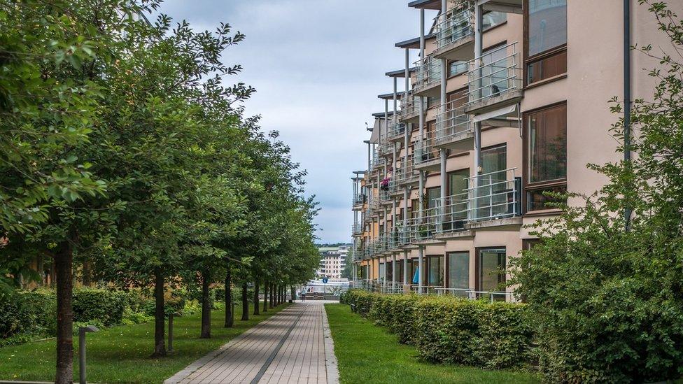 Hammarby Sjostad, modern buildings and trees.