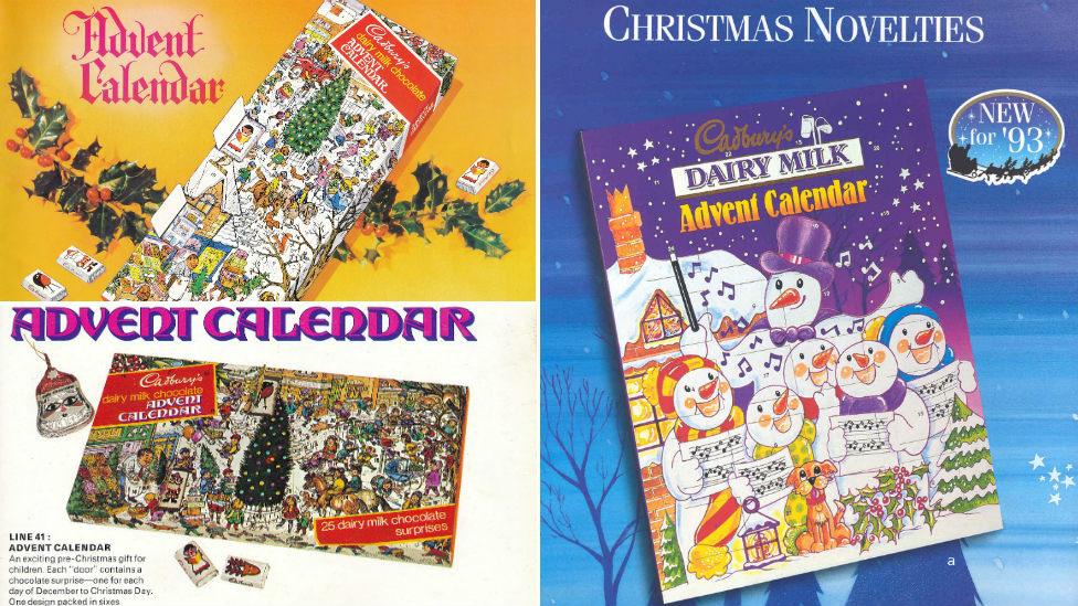 From top left clockwise: Cadbury's advent calendars from 1971, 1993 and 1972