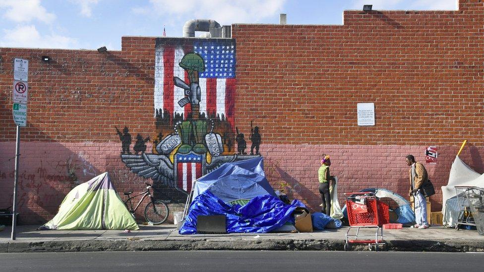 Makeshift tents house the homeless on a street, November 10, 2017 in Los Angeles, California